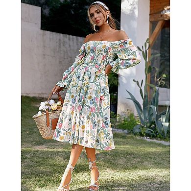 Women Square Neck Floral Dress Long Sleeve Boho Wedding Guest Dresses