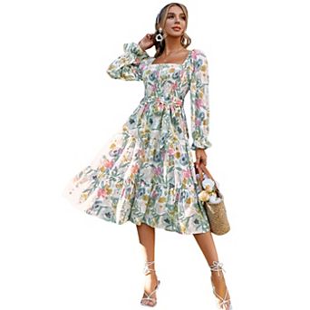 Women Square Neck Floral Dress Long Sleeve Boho Wedding Guest Dresses