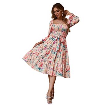 Women Square Neck Floral Dress Long Sleeve Boho Wedding Guest Dresses