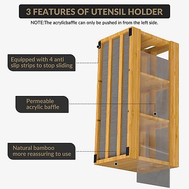 100% Bamboo Utensil Holder,Kitchen Cooking Utensil Organizer with Drying Mat, Wood Silverware Caddy