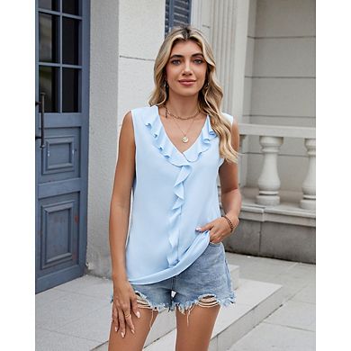 Women's Casual V-Neck Ruffled Blouse Chiffon Sleeveless Business Vest