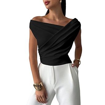 Women's Off Shoulder Bodycon Vest T-Shirt One Shoulder Sleeveless Fitted Short Sleeve Top