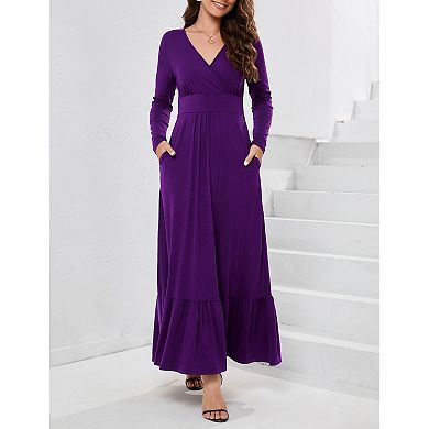 Womens Long Sleeve Deep V Neck Dress Ruffles Long Maxi Casual Dresses for Women with Pockets