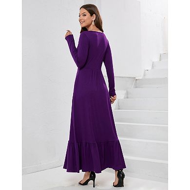 Womens Long Sleeve Deep V Neck Dress Ruffles Long Maxi Casual Dresses for Women with Pockets