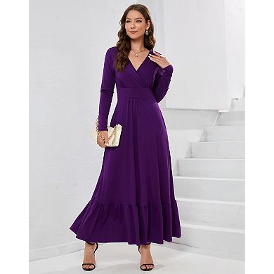 Womens Long Sleeve Deep V Neck Dress Ruffles Long Maxi Casual Dresses for Women with Pockets