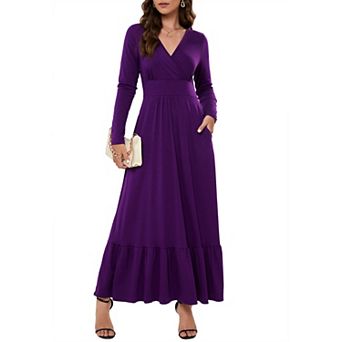 Womens Long Sleeve Deep V Neck Dress Ruffles Long Maxi Casual Dresses for Women with Pockets