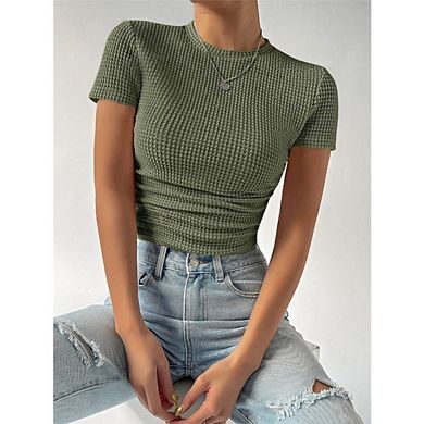 Womens Casual Summer Tops Waffle Knit Short Sleeve Shirts Crewneck Loose Basic Tee Blouses