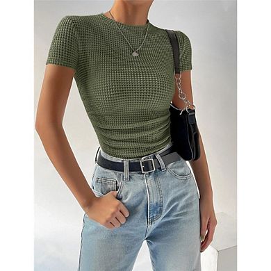 Womens Casual Summer Tops Waffle Knit Short Sleeve Shirts Crewneck Loose Basic Tee Blouses