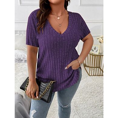 Womens Plus Size Casual Tops V Neck Short Sleeve Blouses Lightweight Solid Color Shirts