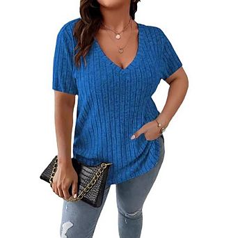 Womens Plus Size Casual Tops V Neck Short Sleeve Blouses Lightweight Solid Color Shirts