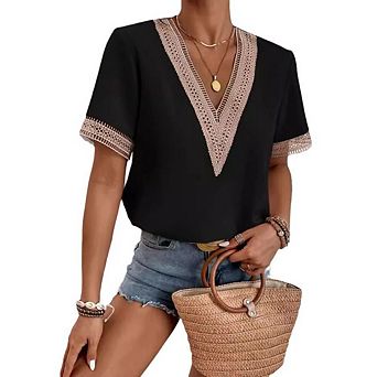Womens Casual Short Sleeve Shirts Lace V Neck Color Block Dressy Tops Hollow Floral Blouses T Shirts