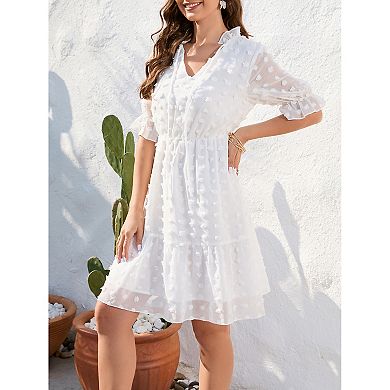 Women Elegant Swiss Dot Mesh Short Sleeve Dress
