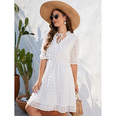 Women Elegant Swiss Dot Mesh Short Sleeve Dress