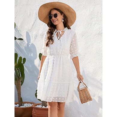 Women Elegant Swiss Dot Mesh Short Sleeve Dress