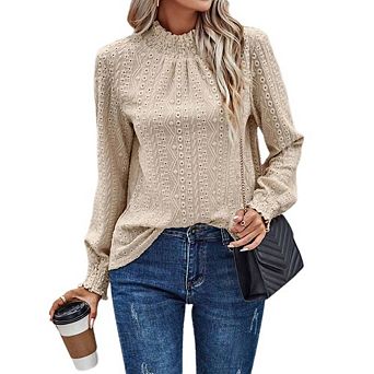 Womens Casual Hollow Out Lace Blouse Puff Long Sleeve Mock Crew Neck Eyelet Embroidery Shirt Top