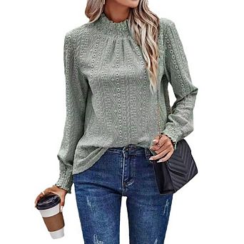 Womens Casual Hollow Out Lace Blouse Puff Long Sleeve Mock Crew Neck Eyelet Embroidery Shirt Top