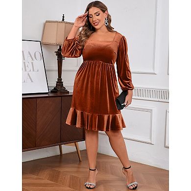 Plus Size Women Long Sleeve Square Neck Dress for Party