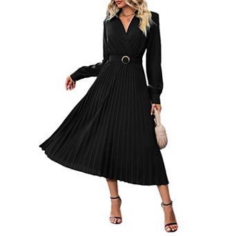 Women's Long Sleeve Wrap Dress V-Neck Elegant Flowing A Line Swing Shirt Blouse Dresses with Belt