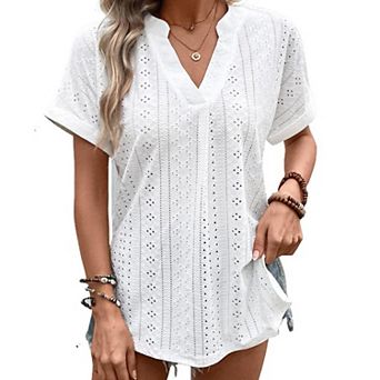 Women's V-Neck Eyelet Blouse - Breathable Short Sleeve Loose Fit Summer Top