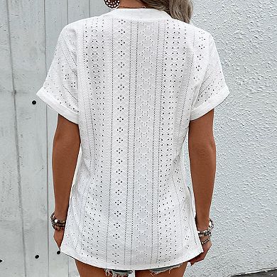 Women's V-Neck Eyelet Blouse - Breathable Short Sleeve Loose Fit Summer Top