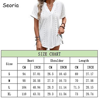 Women's V-Neck Eyelet Blouse - Breathable Short Sleeve Loose Fit Summer Top