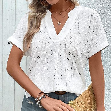 Women's V-Neck Eyelet Blouse - Breathable Short Sleeve Loose Fit Summer Top