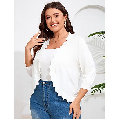 Plus Size Cardigan for Women 3/4 Sleeve Lightweight Casual Wave Edges Knit Top