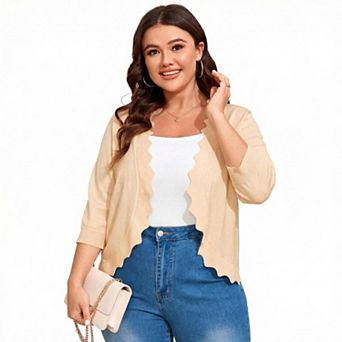 Plus Size Cardigan for Women 3/4 Sleeve Lightweight Casual Wave Edges Knit Top
