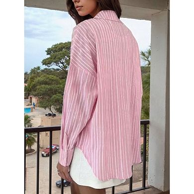 Women's Casual Striped Shirt Button Down Collar Loose Fit Long Sleeve Top