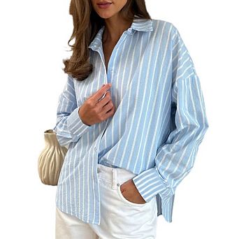 Women's Casual Striped Shirt Button Down Collar Loose Fit Long Sleeve Top
