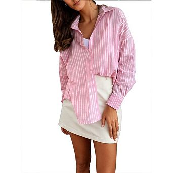 Women's Casual Striped Shirt Button Down Collar Loose Fit Long Sleeve Top