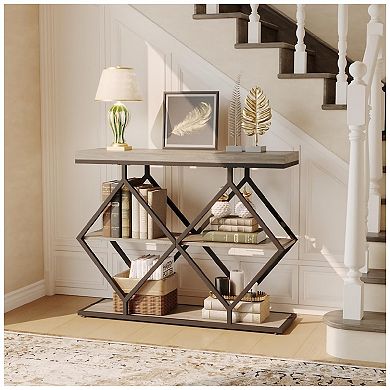 3-Tier Entryway Table, Industrial Console Sofa Table with Storage, Accent Table with Open Shelves