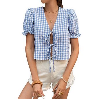 Plaid Tie Front Shirts for Women Gingham BowShort Sleeve Blouse V Neck Puff Crop Top