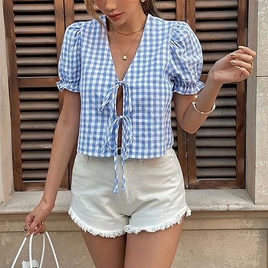 Plaid Tie Front Shirts for Women Gingham BowShort Sleeve Blouse V Neck Puff Crop Top