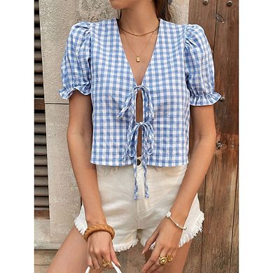 Plaid Tie Front Shirts for Women Gingham BowShort Sleeve Blouse V Neck Puff Crop Top