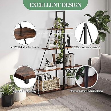 Bookshelf, 4-Tier A-Shaped Ladder Bookcase, Tall Narrow Bookcase for Plants & Decor for Bedroom