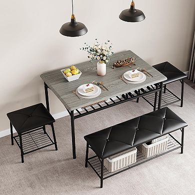 Dining Table Set for 4,Kitchen Table with Two Upholstered Stools and Bench, Dinette Set with Storage