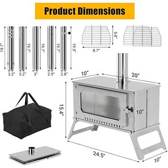 Large Portable Foldable Wood Burning Tent Stove, Camping Stove with Viewing Glass & 5 Chimney Pipes
