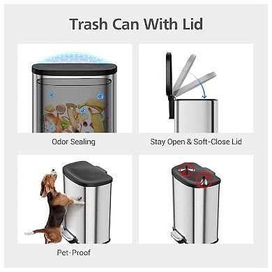50L Stainless Steel Trash Can with Foot Pedal, Soft-Close Lid & Removable Inner Bucket