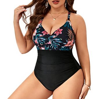 Plus Size Women's One-Piece Swimsuit Floral Print Tummy Control Bathing Suit Halter Neck Swimwear