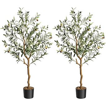 2 pc Artificial Olive Tree, Faux Plant with Silk Leaves, Lifelike Moss & Fruits
