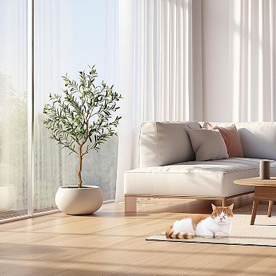 2Pcs Artificial Olive Tree, Faux Plant with Silk Leaves, Lifelike Moss & Fruits