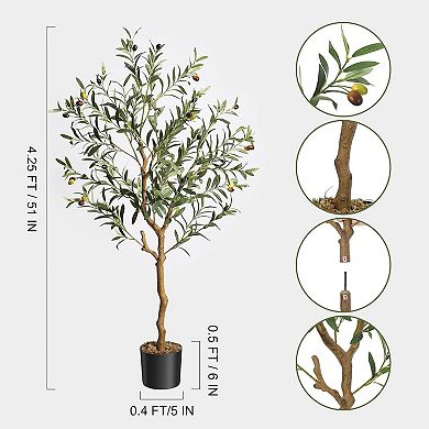 2Pcs Artificial Olive Tree, Faux Plant with Silk Leaves, Lifelike Moss & Fruits