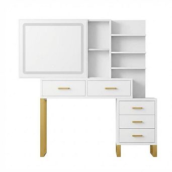 Makeup Vanity Desk, Large Dressing Table, 3 Lighting Modes, 5 Drawers, 3 tier of Open Shelves