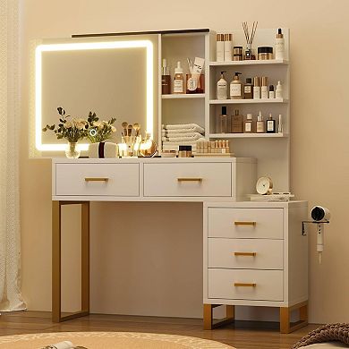 Makeup Vanity Desk, Large Dressing Table, 3 Lighting Modes, 5 Drawers, 3 Tiers of Open Shelves