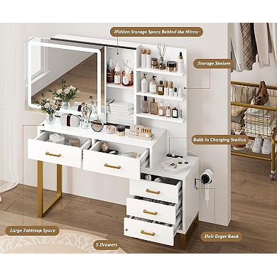Makeup Vanity Desk, Large Dressing Table, 3 Lighting Modes, 5 Drawers, 3 Tiers of Open Shelves