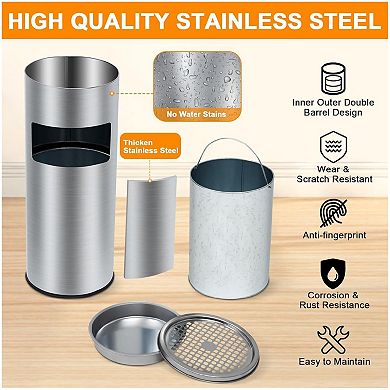 Outdoor Trash Can, Floor Standing Ashtray, Stainless Steel Cigarette Bin Standing Ashtray