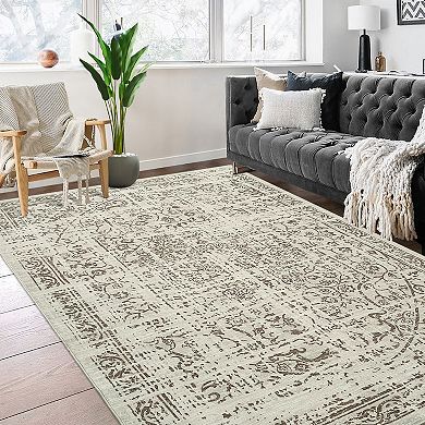 Vintage Low-Pile Area Rug - Stain & Slip Resistant, Non-Shedding Soft Carpet for Bedroom, Dining
