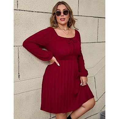 Women Plus Size Square Neck Long Sleeve Tie Front A Line Dress