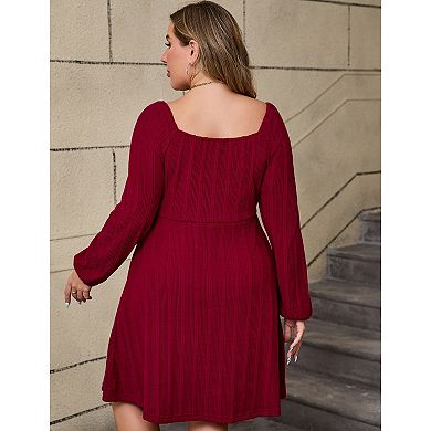Women Plus Size Square Neck Long Sleeve Tie Front A Line Dress